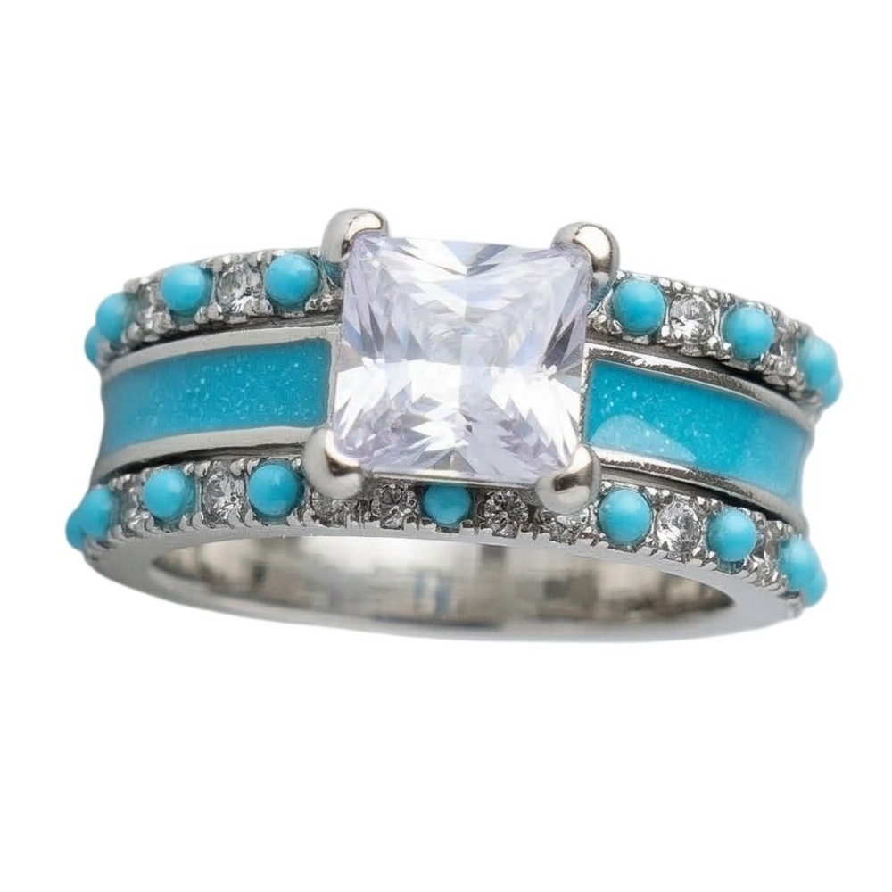 New 3-ring set Sz 8 Silver Turquoise Solitaire Band Stone‎ Native Layered